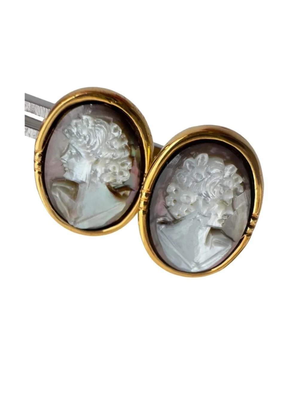Vintage Black Shell Cameo Cufflinks Victorian Portrait Gold Tone Formal Wedding